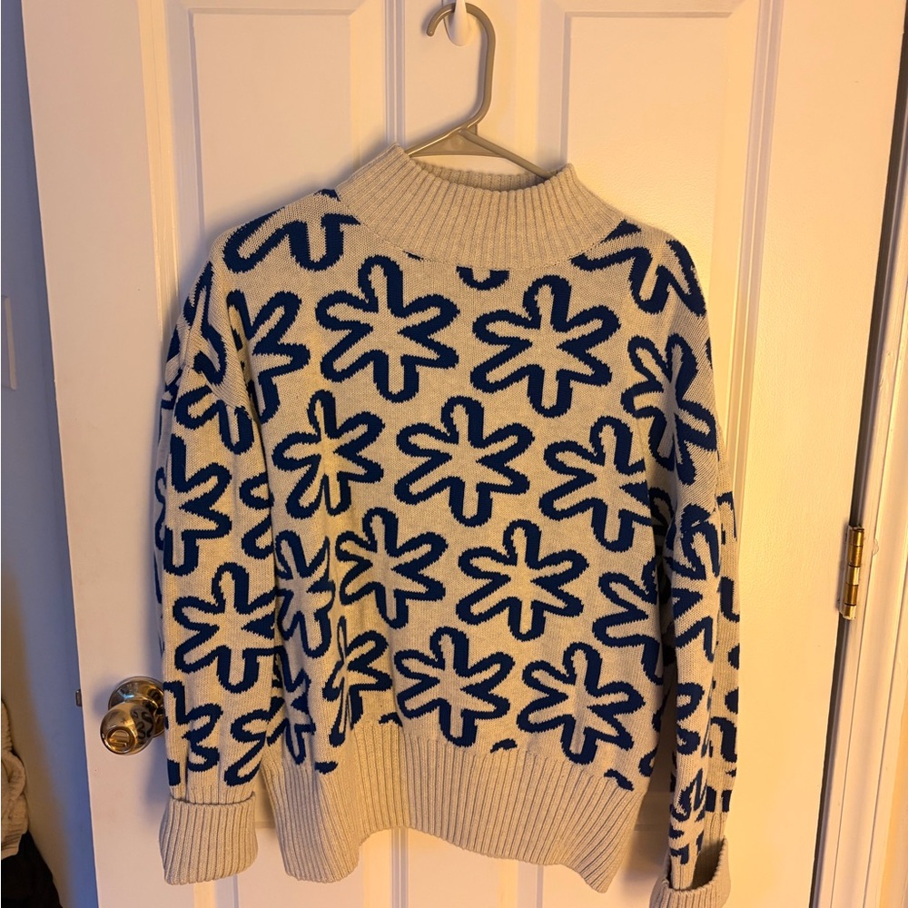 Women's Cream and Navy Floral Turtleneck Sweater